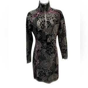 Title Nine pattern knit dress Small front zip black white purple long sleeve